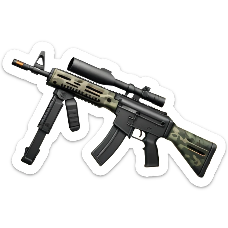 An icon showing hands gripping an assault rifle or pistol, inspired by Call of Duty Modern Warfare 2. The background features a battlefield with enemies in the distance, creating a tense and action-packed atmosphere. Transparent background highlights the focus on the weapon and combat. sticker