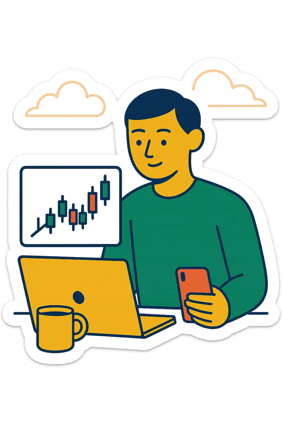 trading desk with laptop, phone, and cup of coffee, flat modern style, bright saturated colors including golds, greens, reds, minimal but expressive, universal look sticker