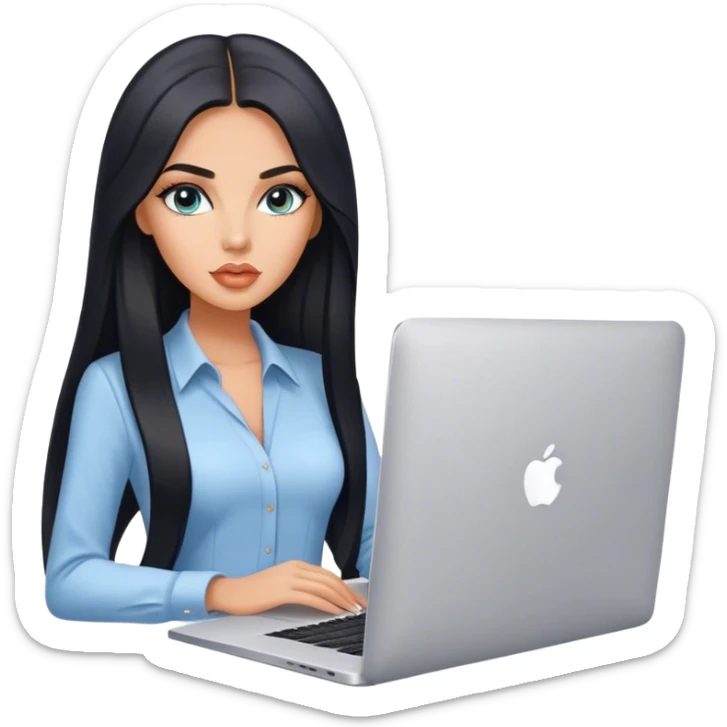 Glamours tanned very beautiful girl with pump peach/beige lips and black straight smooth long hair, blue-grey eyes with MacBook in office sticker
