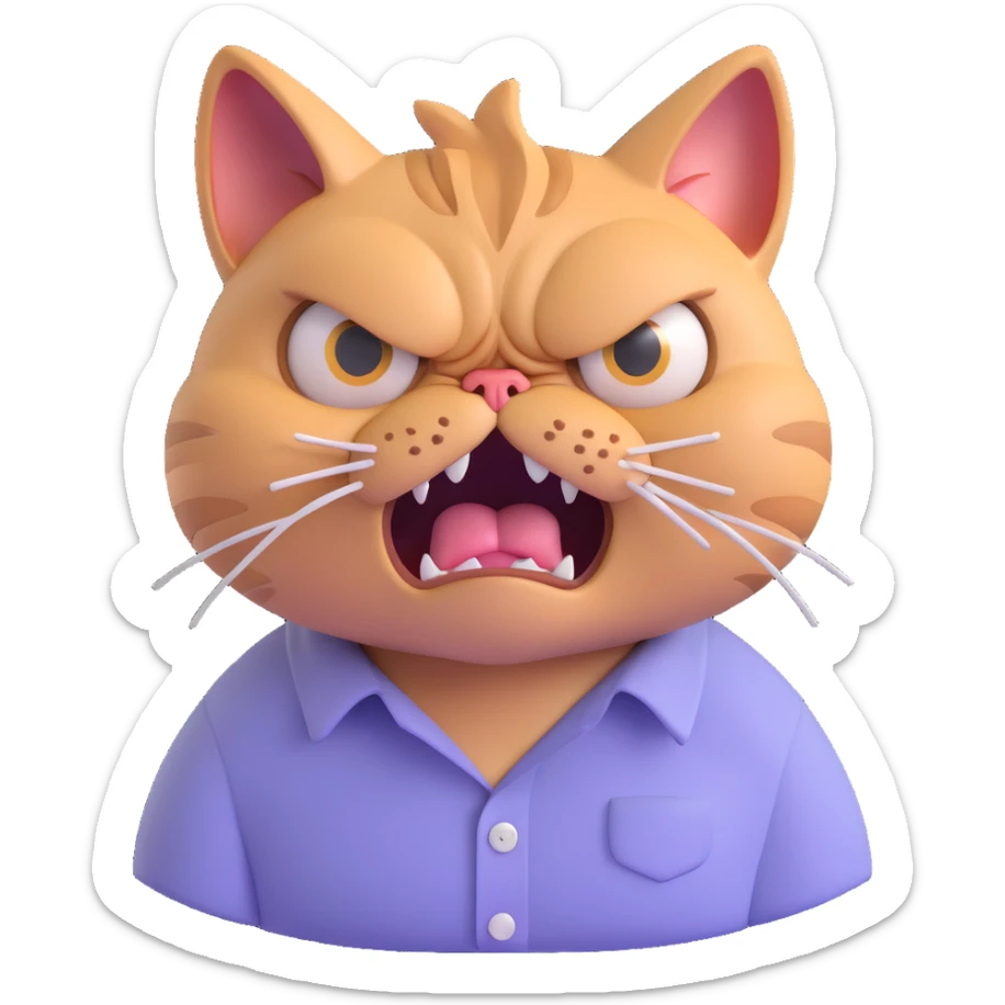 close-up of enraged overworked cat's face in wrinkled shirt, eyes wide with irritation, showing visible stress and annoyance, no table or background, just the cat's face sticker