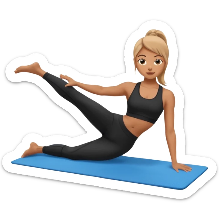 generate a pretty woman in black gym clothes doing pilates on a blue mat  sticker