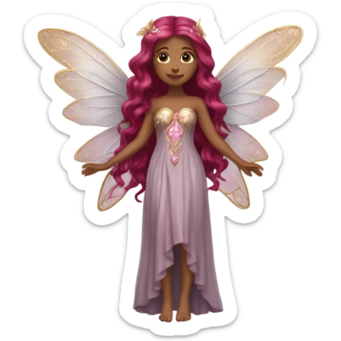 Beautiful, flower, fairy, pink, silver, gold, long burgundy hair, wings sticker