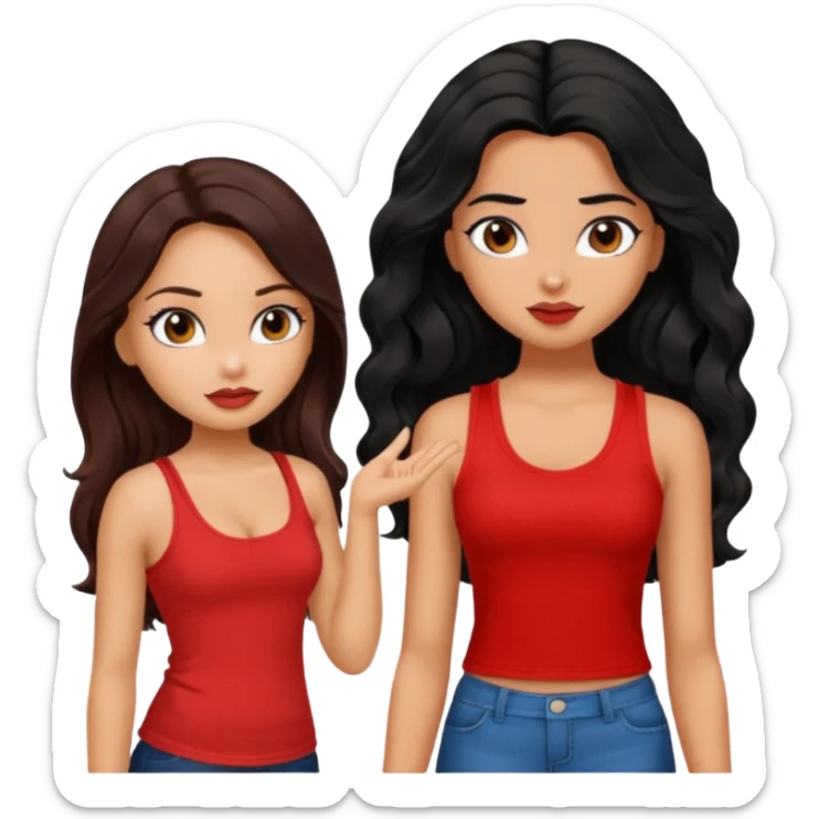 generate a pretty tan bratz girl with brown wavy hair long wearing a red tank top talking to a girl with black hair sticker