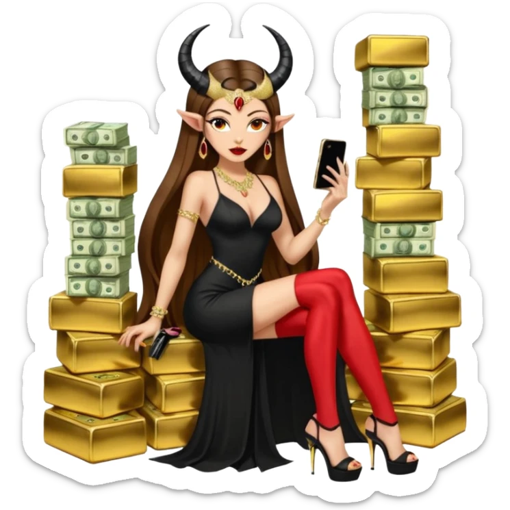 Sensual seductress long brown straight haired sexy drug lord woman with  glitter platform high heels on her feet,  and devil black horns on her head, holding a stack of cash, has a phone in other hand. Sitting on gold cases full of drugs, long black dress with sexy slit sticker
