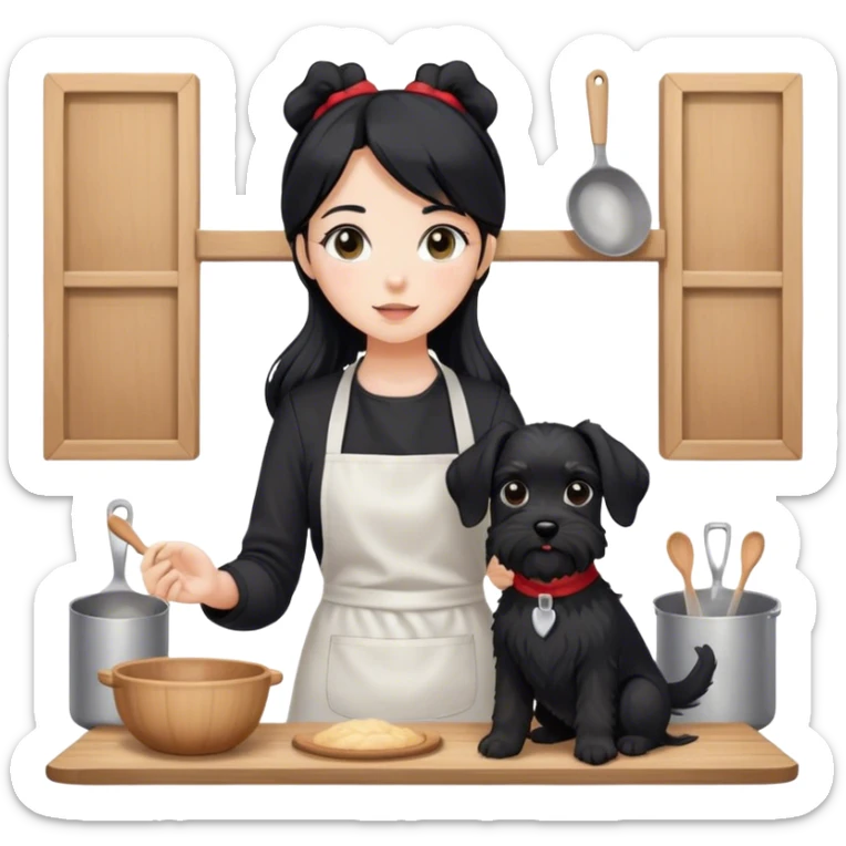 pale girl with long black hair wearing black long sleeve tshirt wearing apron and baking holding black floppy ear schnauzer sticker