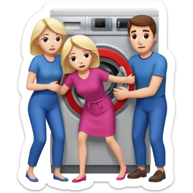Eine Frau mit dem Kopf  in der Waschmaschine feststeckt und zwei Männer die hinten an ihr ziehen um ihr zu helfen  sticker