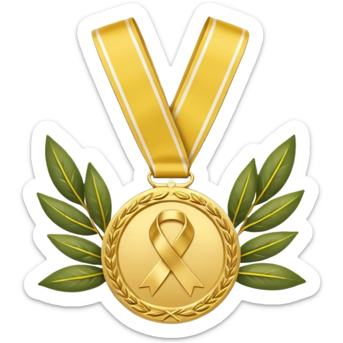 A golden medal with a glossy finish, featuring a central gold awareness ribbon symbol. The ribbon is surrounded by two laurel branches, one on each side, adding a touch of prestige. At the bottom, a small ornamental 'X' symbol completes the design sticker
