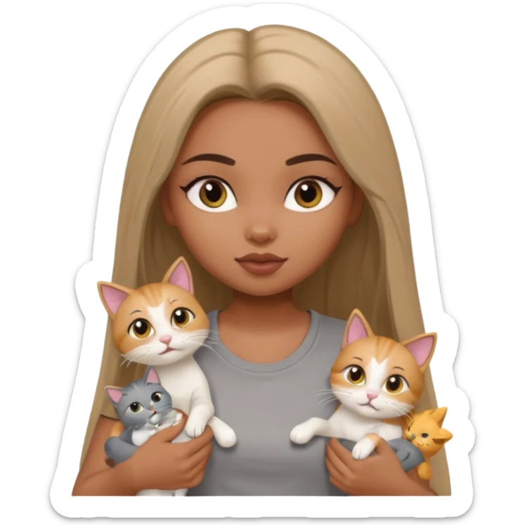 a pretty bratz dusky girl with long straight hair playing with 2 cats nd wearing a grey tshirt sticker