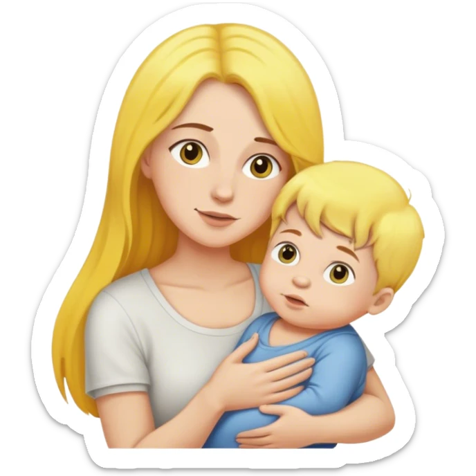 mom with long brown hair holding boy baby with yellow hair sticker