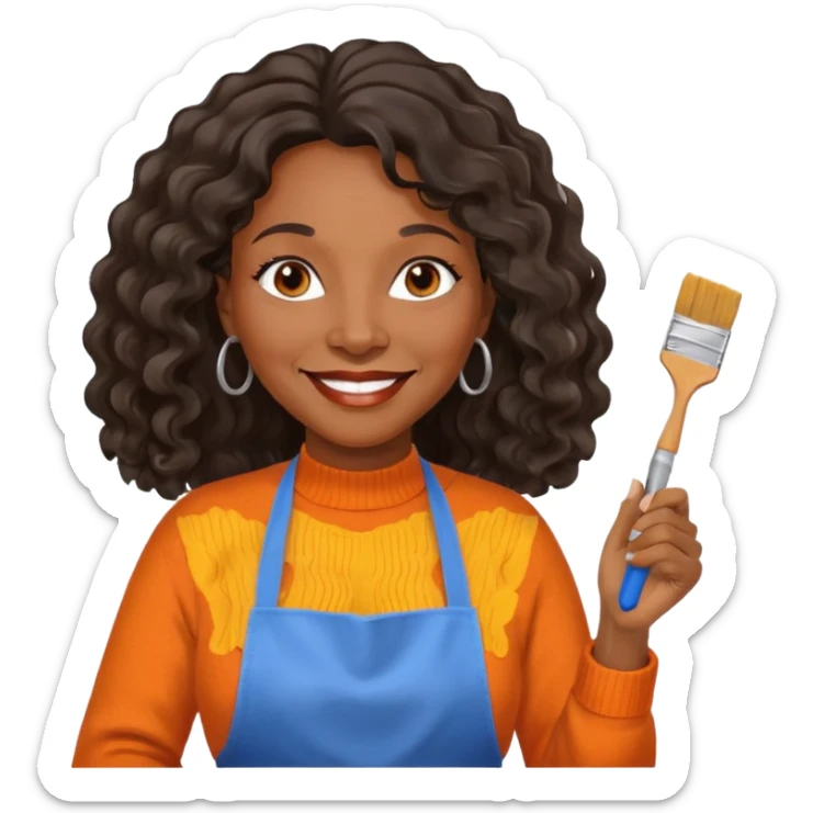 FEMME FRISÉ 60 ANS CHEVEUX NOIR FRISÉ ONDULÉ TRÈS  LONG , SOURIANTE AVEC CHANDAIL ORANGE ,   YEUX BLEU ET UN PINCEAU À LA MAIN LA MAIN AVEC 5 DOIGT SEULEMENT ET TABLIER sticker