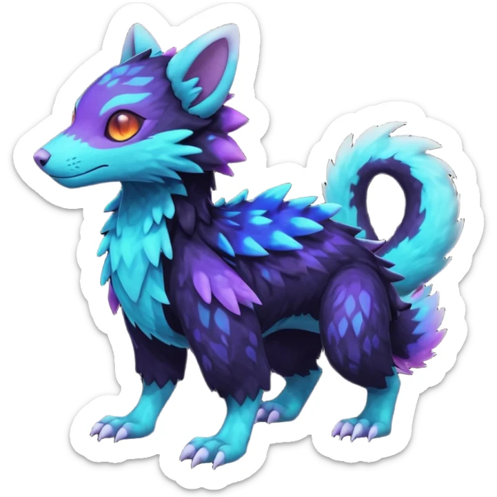 Colorful bioluminescent dark abysmal abyssal neon-glowing Trico-Sergal-Furret-Ferret-Wickerbeast-Vernid-fusion-Fakemon-animal-hybrid-creature, full body sticker