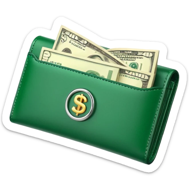 Rich emoji style greenleather wallet with dollar bills, luxury money vibe, premium 3D emoji, ultra clean, high detail, no background sticker