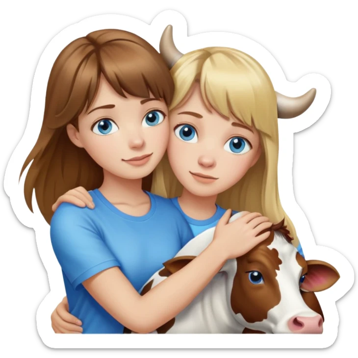 Woman with brown hair long and blonde highlights, bangs in front, blue eyes, white t shirt hugging a cow sticker