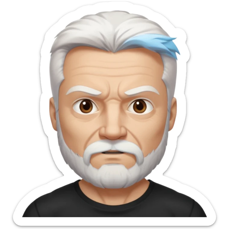 White haired muscled adult man with a black t-shirt. He has white beard with a long goatee. Dark brown eyes and some wrinkles. Attractive, Wolverine vibes. sticker