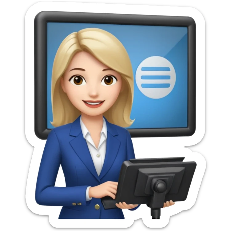 news anchor woman, with a screen with a prompter in front of her sticker