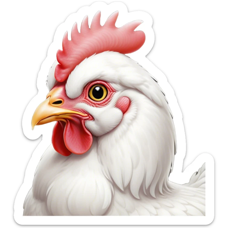 Cinematic Noble White Chicken Portrait Emoji, Poised and regal, with a compact, sturdy build and a pristine, well-groomed pure white plumage, deep-set soulful beady eyes, Simplified yet sharp and sophisticated features, highly detailed, glowing with a soft, dignified glow, high shine, intelligent and alert, stylized with an air of barnyard elegance, focused and attentive, soft glowing outline, capturing the essence of a watchful and confident fowl, so majestic it feels as though it could strut out of the screen with effortless authority! sticker