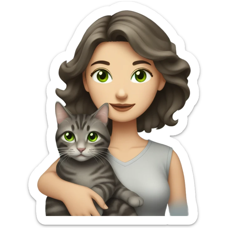 A woman with long dark brown hair and green eyes holds a gray tabby cat with green eyes in her arms sticker