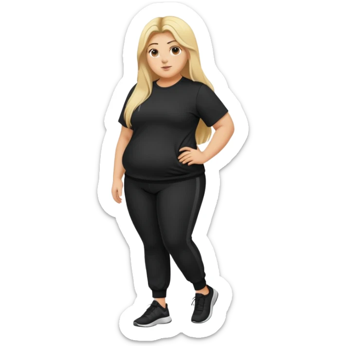 Fat woman in black jogging bottoms and black shirt long hair blonde hair with black roots sticker