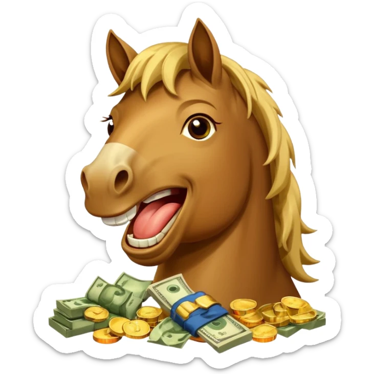Laughing horse who is a smart and rich bank clerk but laughing with money sticker