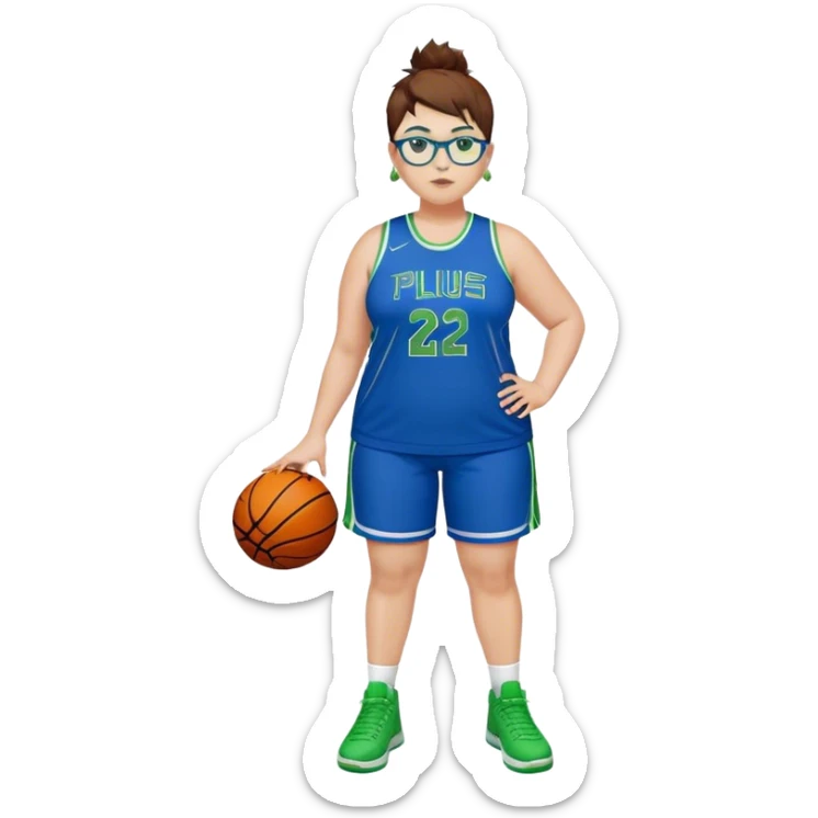 Full Body white plus size Girl with basketball spikey short brown HAIR wearing blue glasses with green eyes wearing blue and green basketball uniform PLAIN WITH GREEN SHOES AND EARRINGS sticker