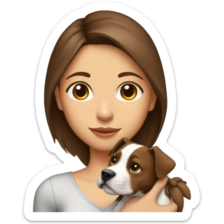 shoulders up girl with brown hair holding pitbull puppy close to her face sticker