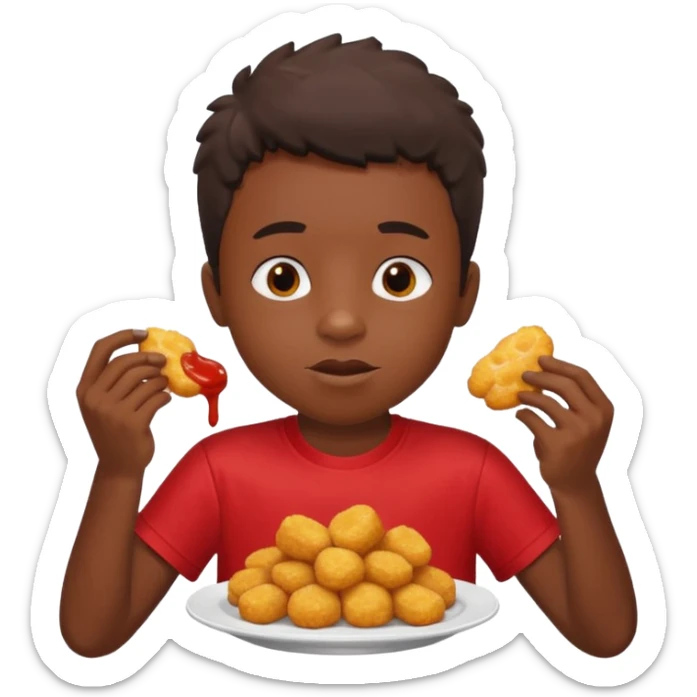 A boy with dark skin wearing a red and yellow t-shirt, eating star-shaped chicken nuggets with ketchup sauce. sticker
