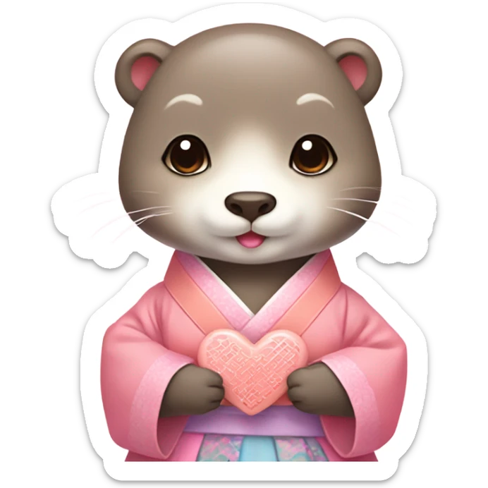 A cute and lovely otter dressed in pastel-colored traditional Korean hanbok, holding a coral-pink heart sticker