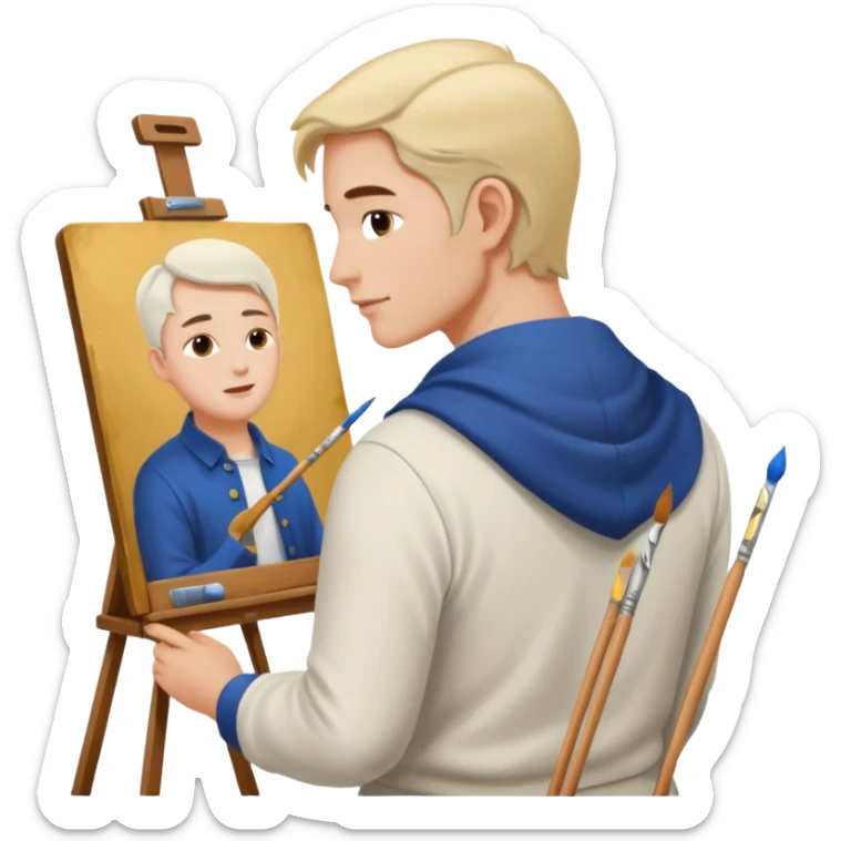 the white artist stands with his back to the painting, painting a portrait sticker