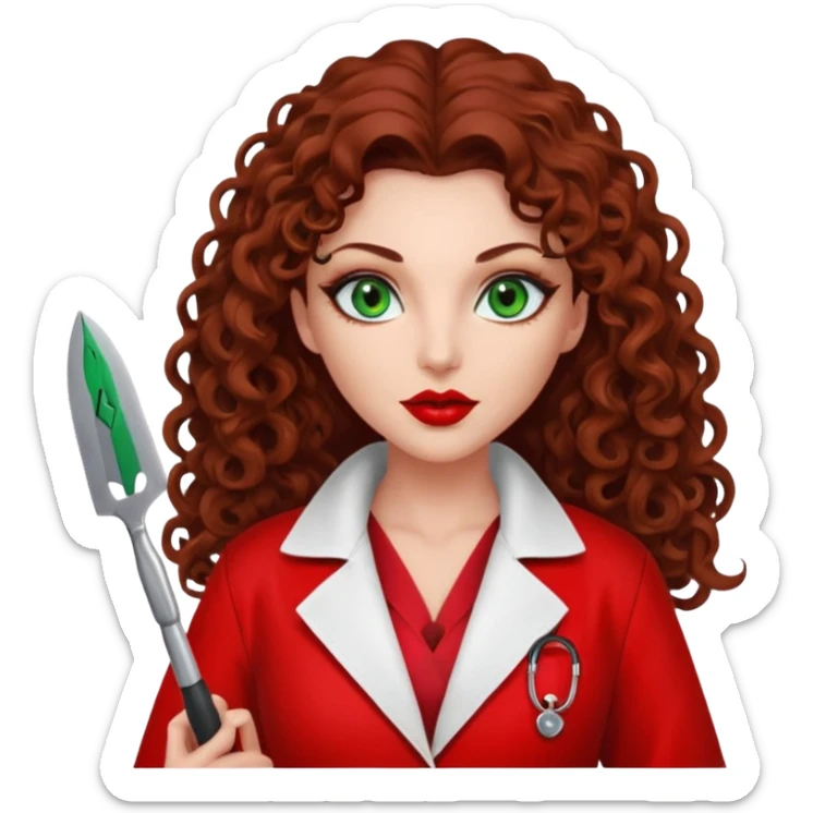 Lilith symbol seductress evil woman. She has green eyes.  had brown long curly hair.  evil surgeon kills with scalpel wears red sexy doctor coat with red mouth cover sticker