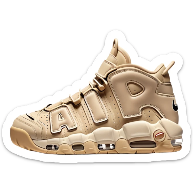 Beige colored Nike Air More Uptempo basketball sneakers with one sneaker positioned behind the other, featuring large AIR text on the sides sticker