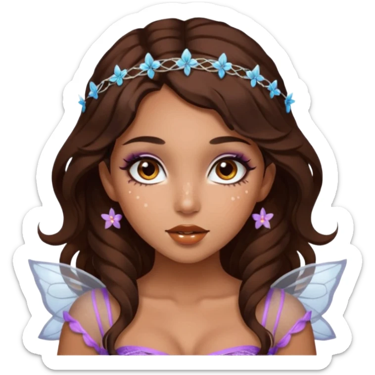 Pretty girl with caramel skin. Dark brown hair and brown eyes. She has freckles. Wearing sexy makeup. Wearing a fairy costume with white fishnet tights and tall heels sticker
