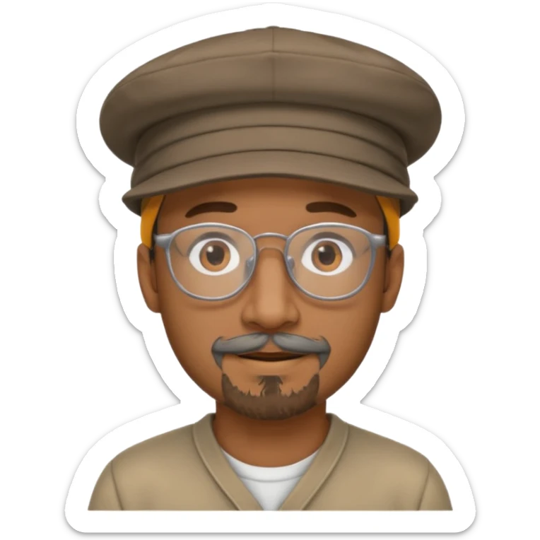 Brown man with hat no hair, but gray goatee, clear glasses and slightly smiling sticker