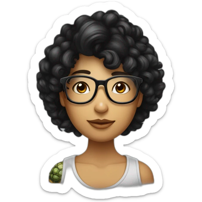 Beau jeune brun cheveux noir bouclé coupe dégradé avec un tatouage de tortue met de lunette noir et grand de taille sticker