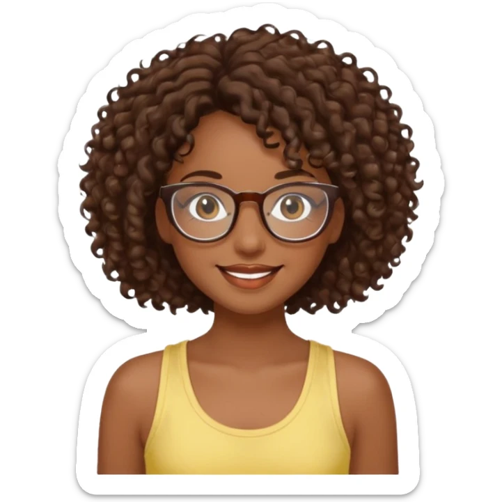 happy girl with dark skin and brown curly hair and clear glasses, long eyelashes, wearing a light yellow tank top sticker
