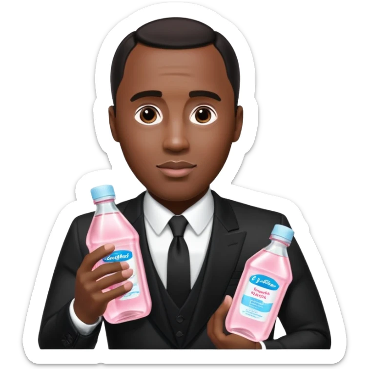 A realistic product shot of a transparent bottle of Johnson’s Baby Oil by Johnson & Johnson, featuring a soft pink label. The oil inside is crystal clear and glossy. Sean "Diddy" Combs in black suit is holding the bottle sticker