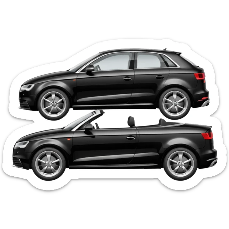 emoji of a black car, model audi a3, being towed by a tow car. profile horizontal view sticker