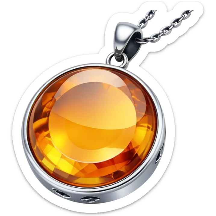 extreme close up of a round cut holographic amber charm with silver metal accent and curb chain sticker