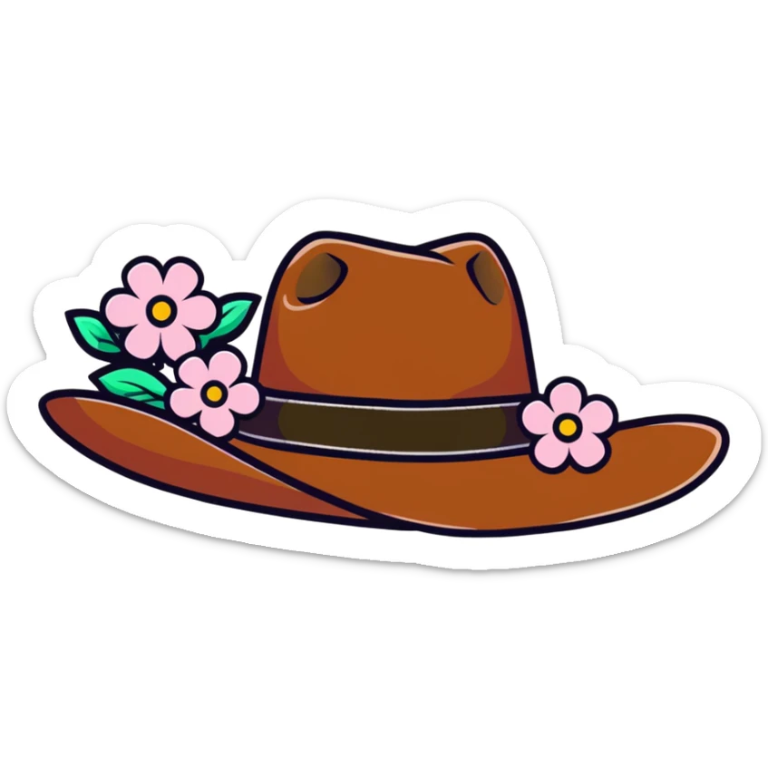 Cowgirl hat with flowers, pink and white flowers decorating a brown cowboy hat sticker