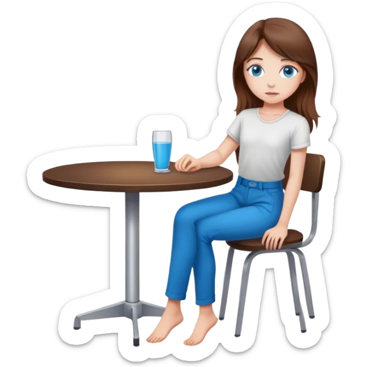 Mädchen jung, braune Haare und blaue Augen, ganzer Körper lange hose, am Tisch sticker