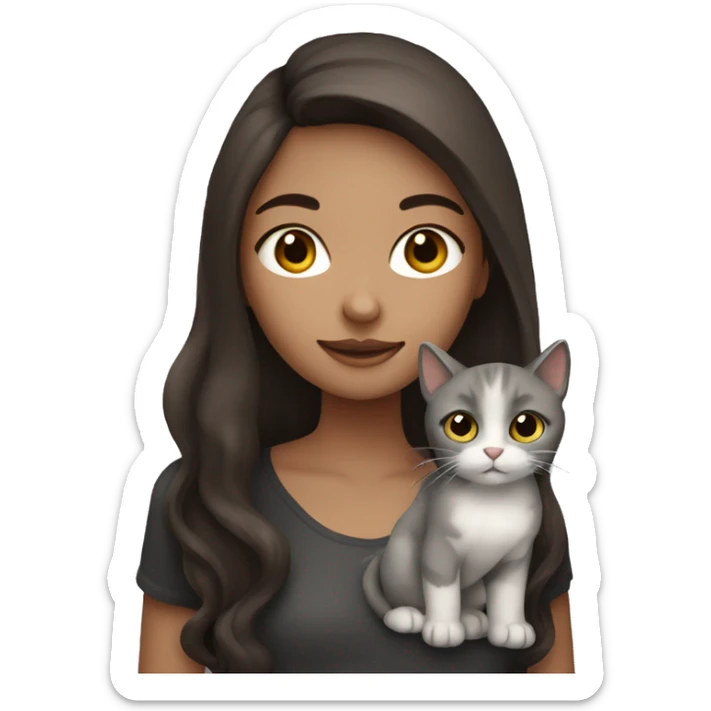 A girl with long brown hair A nd black eyes, holding a a grey cat sticker