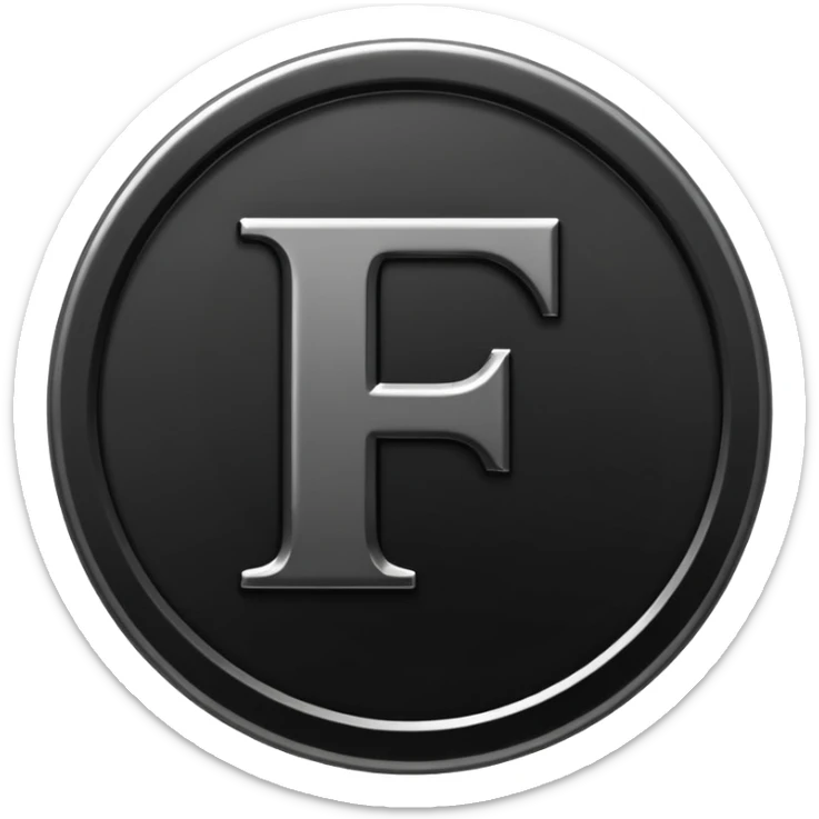 Emoji icon of a black coin with engraved letter F, minimalist style, isolated sticker