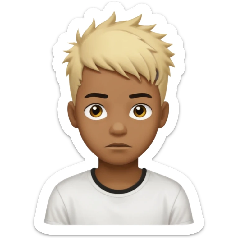 Black Male Teenager with Short punk messy blonde hair, Dark brown bushy eyebrows large expressive golden-brown eyes, wearing a plain white t-shirt, Dark Brown skin color. sticker