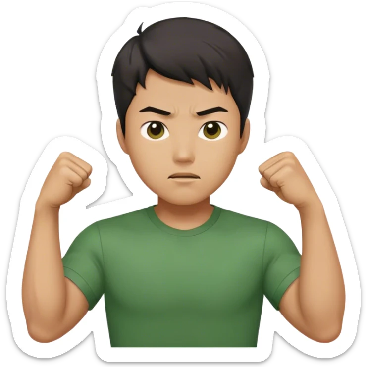 A determined Korean man in a green shirt, clenching his fist with a confident expression. Emoji-style digital illustration sticker