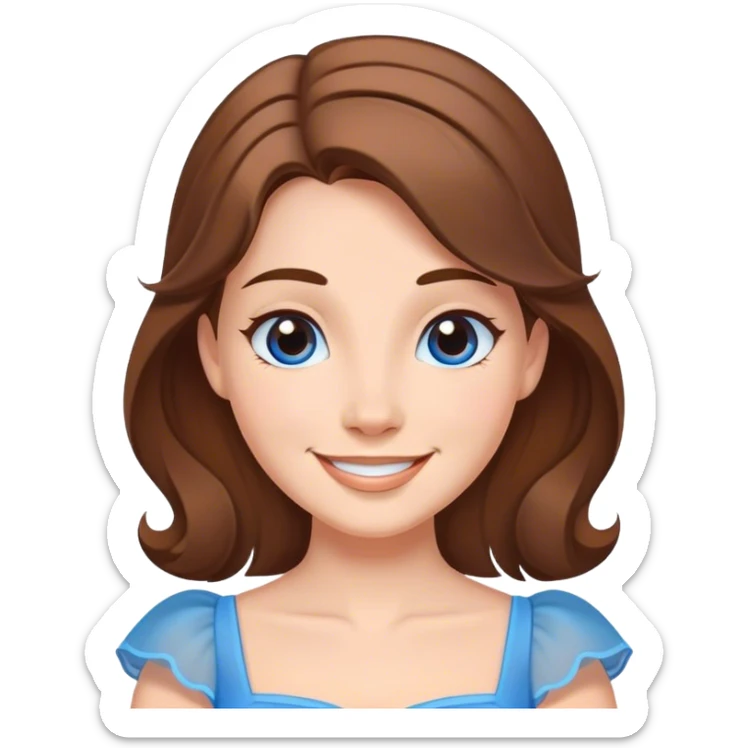 Cinematic Radiant Belle Portrait Emoji, rendered in a realistic, vector style with clean proportions. Show Belle with a warm, welcoming smile, delicate fair skin, and elegantly styled brown hair, wearing her timeless blue dress. The image radiates a soft, enchanting glow, high shine, and is enhanced by a soft glowing outline that accentuates her gentle charm. sticker