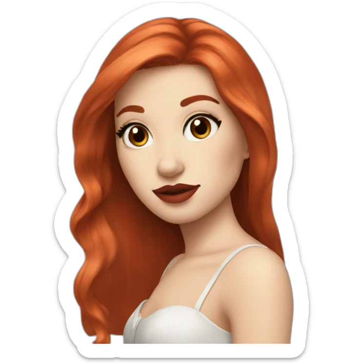 straight long red hair,red lipstick,black eyes, white skin and a small nose sticker