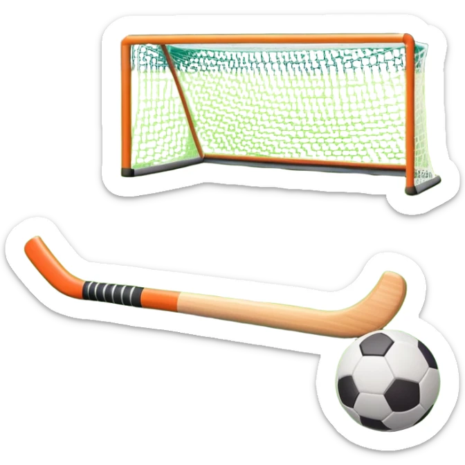 A field hockey stick and ball on a vibrant green grass field, with goalposts and clear field markings in the background. The scene emphasizes the bright, lush grass, highlighting the fast-paced and strategic nature of hockey on a well-maintained pitch. sticker