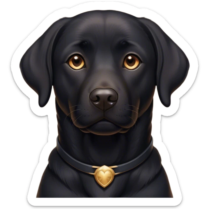 Cinematic Noble Black Labrador Portrait Emoji, Poised and regal, with a robust, muscular build and a sleek, shiny pure black Fur, deep-set soulful brown eyes, Simplified yet sharp and sophisticated features, highly detailed, glowing with a soft, dignified glow, high shine, intelligent and gentle, stylized with an air of confidence, focused and attentive, soft glowing outline, capturing the essence of a watchful and loving companion, so majestic it feels as though it could bound out of the screen with effortless authority! sticker