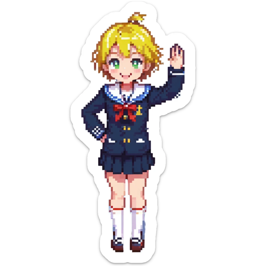 Pixel art anime girl with short bright yellow hair wearing Japanese sailor style school uniform, composed posture with hand on hip but energetically waving with other hand, excited smile and happy eyes sticker