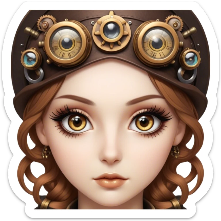 Cinematic 32k HD, Beautiful Steampunk style woman with large glistening eyes, ultra realistic details, each lash, eye, and hair is shown in stunning detail as though captured in a timeless photograph, rich textures, visually rich, so lifelike it could leap off the page at any moment sticker