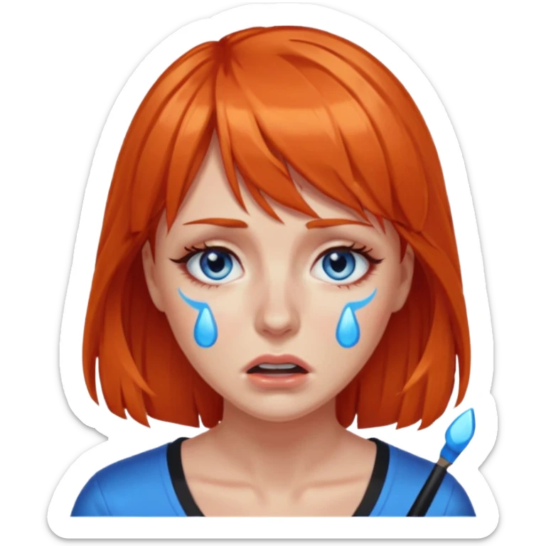 A woman with dark orange hair and bangs, blue eyes, an asmr streamer, crying, sticker